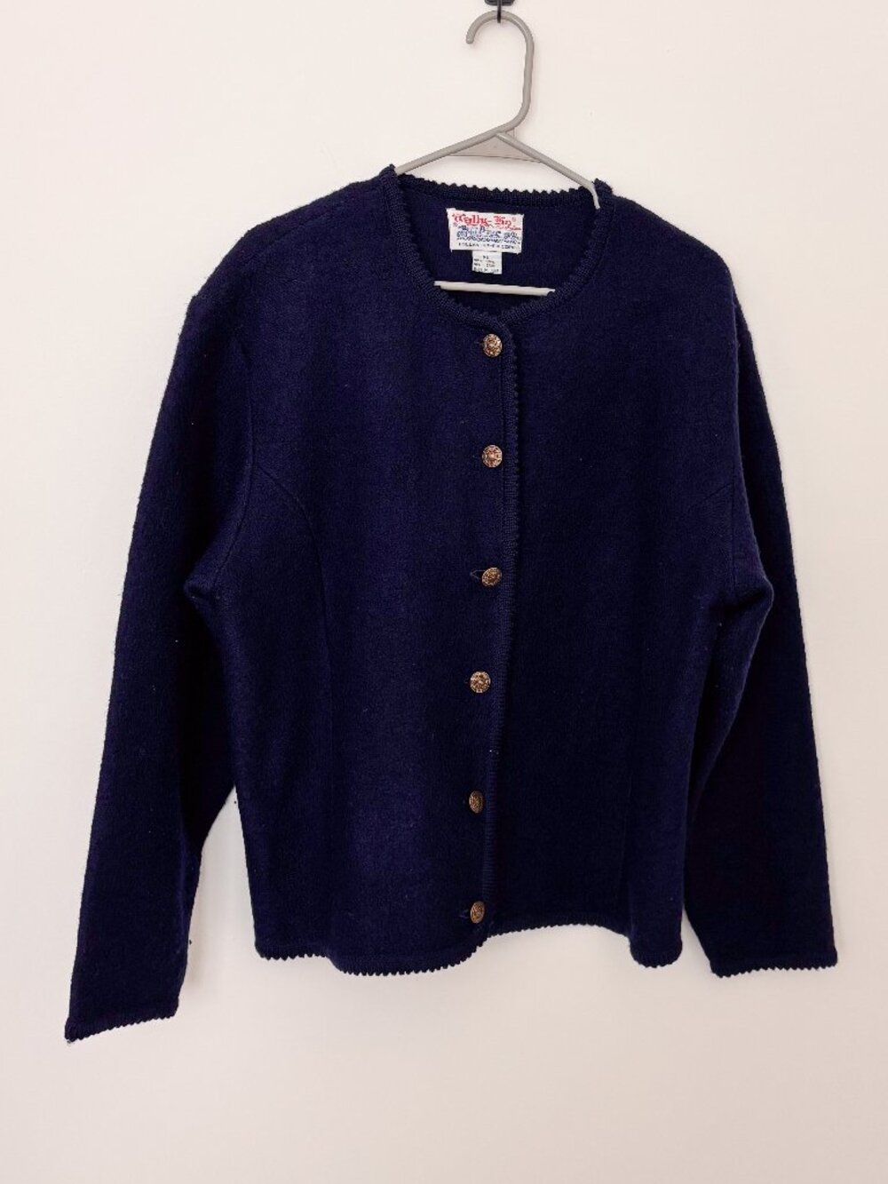 Tally Ho Collection Navy 100% Wool Cardigan Sweater Vintage Gold Button XL